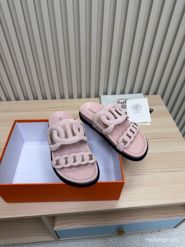 2025 Slippers Hermès Pink Suede Slippers