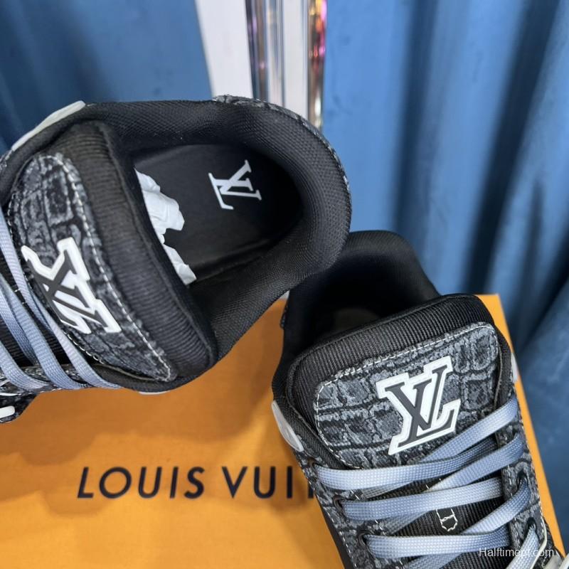 2025 Unisex Louis Vuitton Black Grey Leather Canvas Plimsolls Stitching LV0038