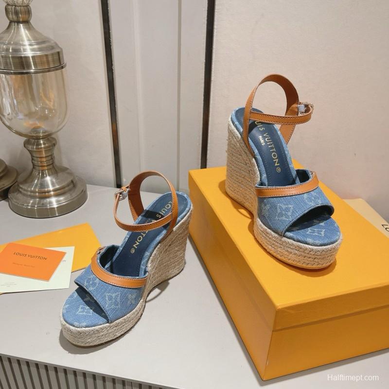 2025 Women Louis Vuitton Blue Denim Leather Espadrilles Sandals MJ00280