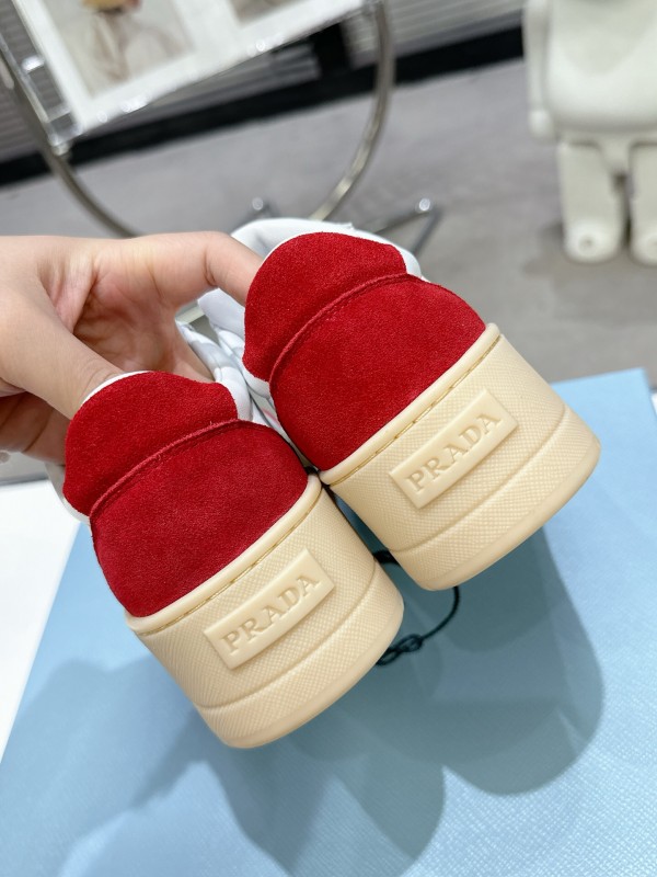 2025 Women Prada White Red Suede Leather Sneakers