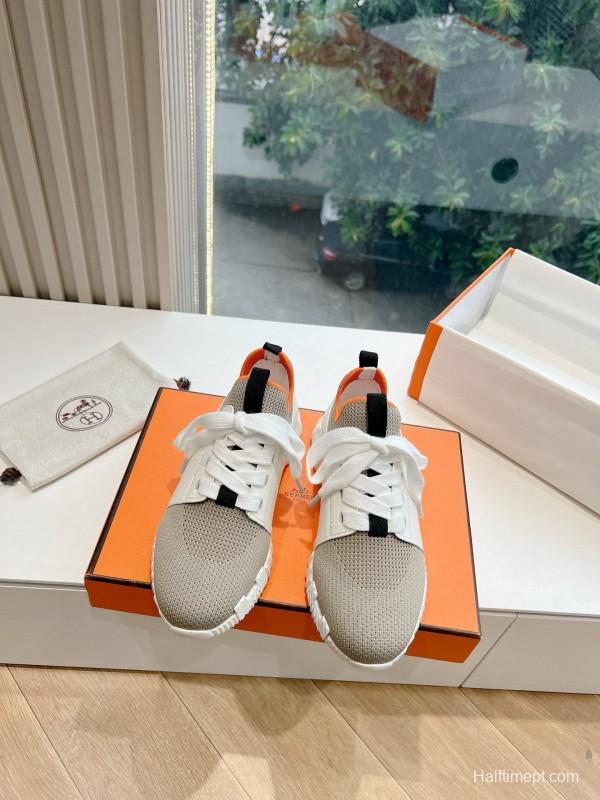 2024 Unisex Hermès Beige Orange Calfskin Suede Sneakers MJ00290(F/W)
