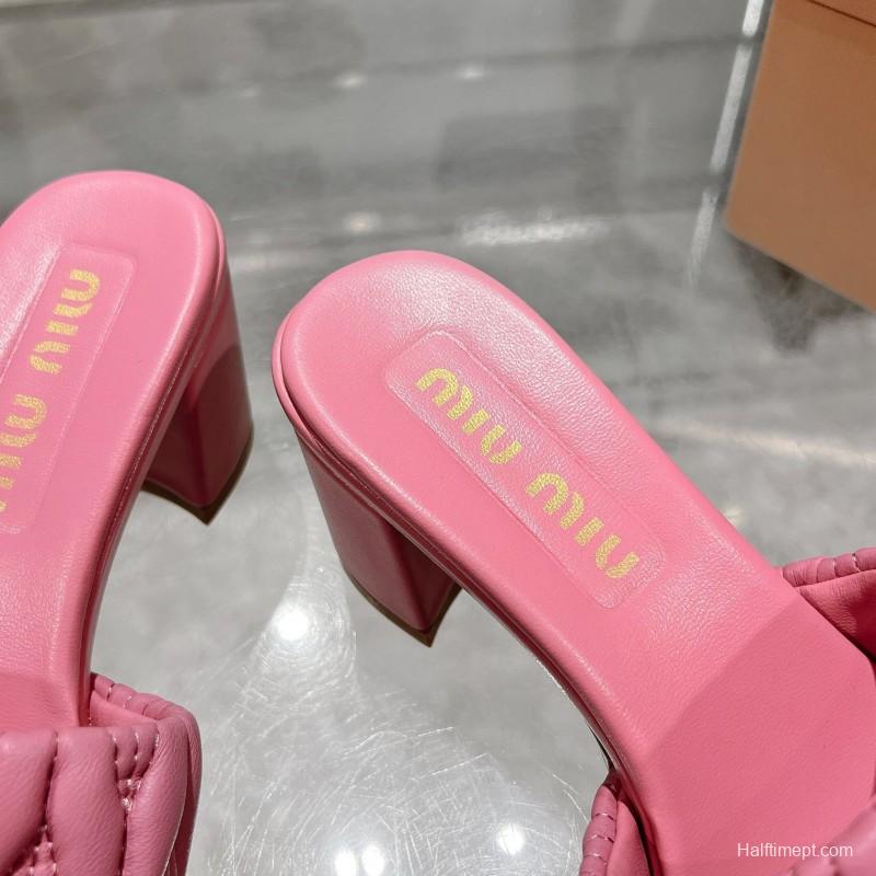 2025 Women Miu Miu Pink Sheepskin Heeled Sandals Quilted KFY00250