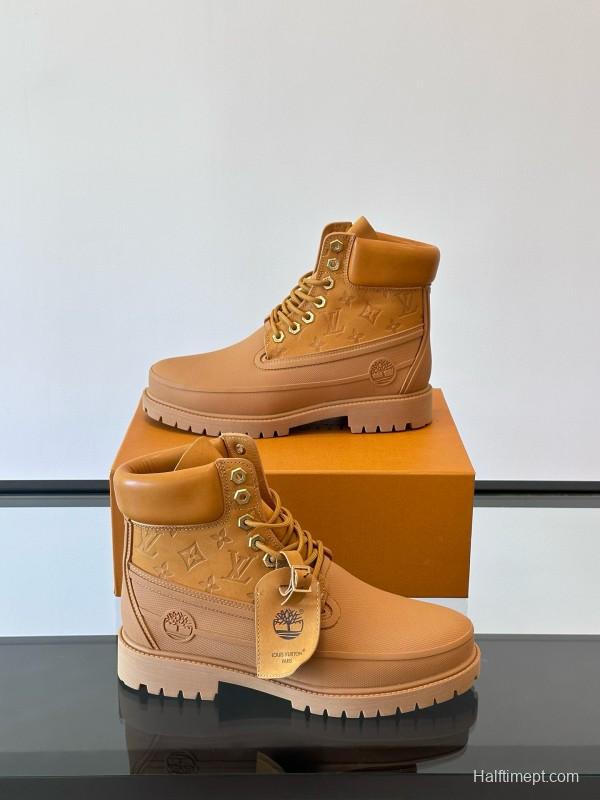 2024 Men Louis Vuitton Brown Leather Waterproof Work Boots MJ00390