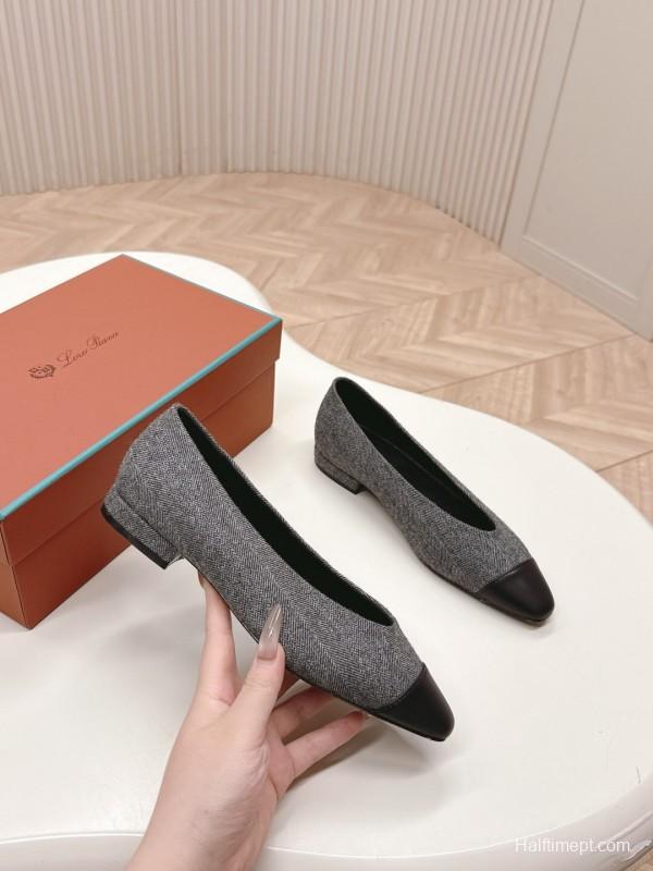 2025 Women LP Grey Black Fabric Leather Pointed Toe Loafers