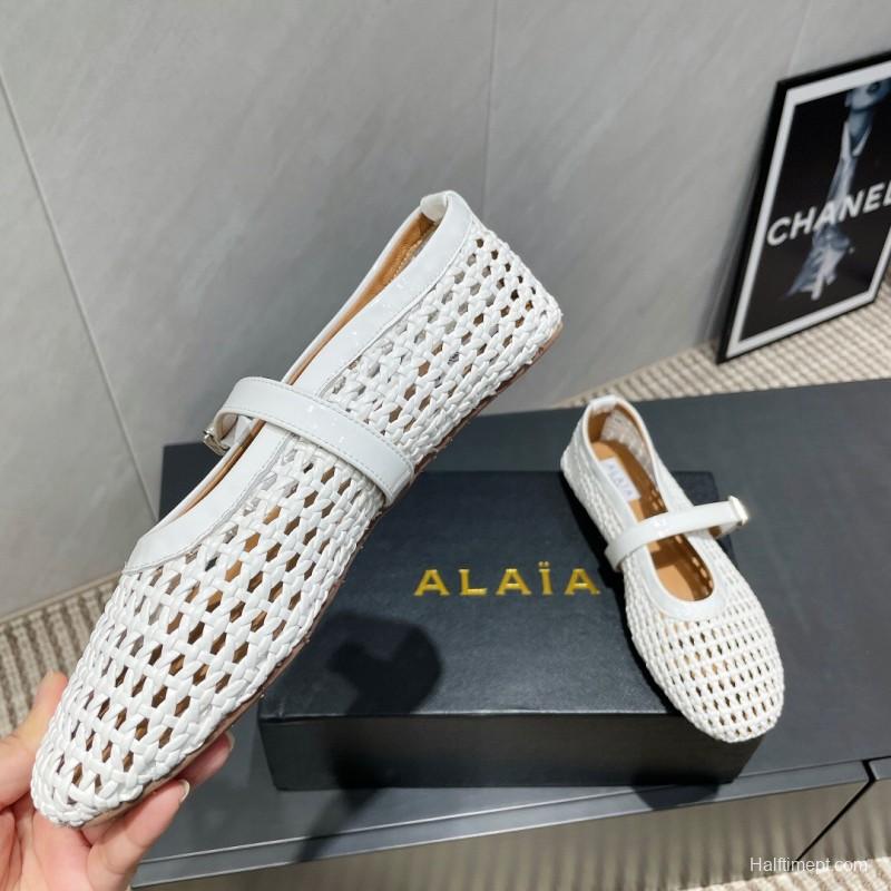 2025 Women Alaïa White Woven Leather Flat Mary Jane Shoes LY00360(F)