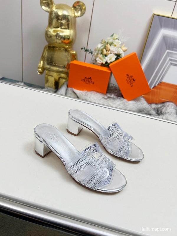 2025 Slippers Hermès Silver Leather Slippers MJ00180/215