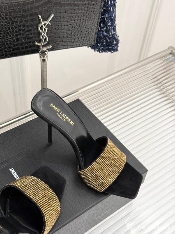 2025 Women Yves Saint Laurent Black Gold Leather High Heel Slip-On LY00300