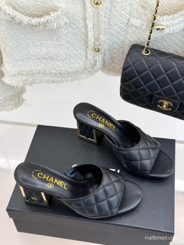 2025 Women Chanel Black Sheepskin Quilted High Heel Sandals
