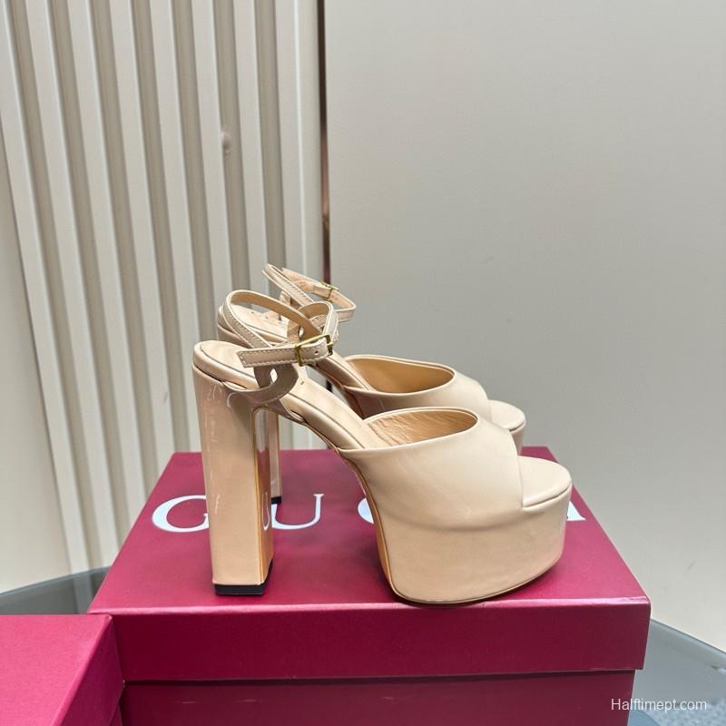 2025 Women Gucci Beige Patent Leather Platform Sandals MJ00340