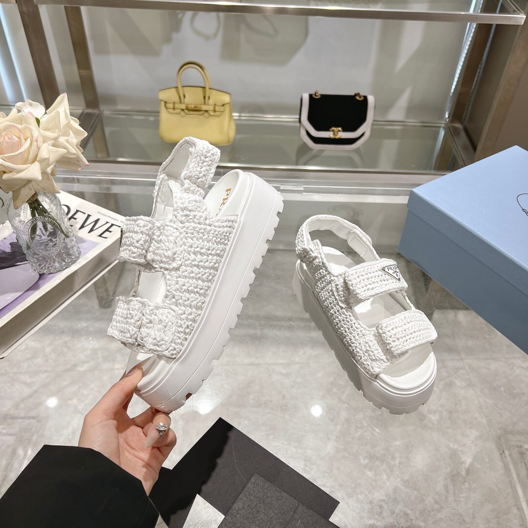 2025 Women Prada White Knitted Platform Sandals