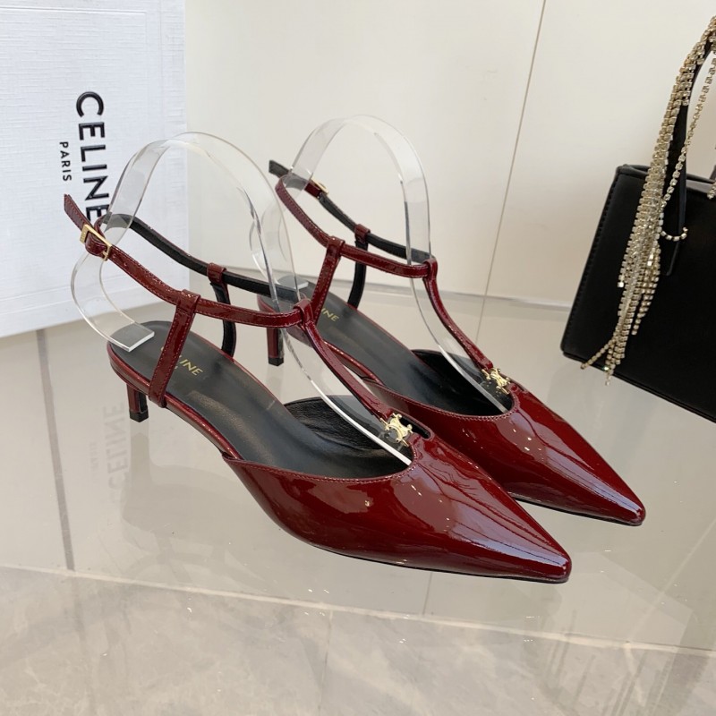 2025 Women Celine Red Patent Leather T-Strap Low Heel