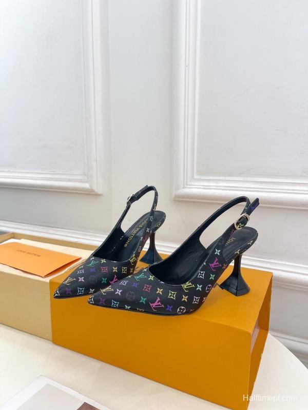 2025 Women Louis Vuitton Black Multicolor Leather Slingback Heels KFY00280