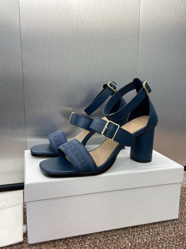 2025 Women Dior Navy Blue Leather Sandals Ankle Strap KFY00310