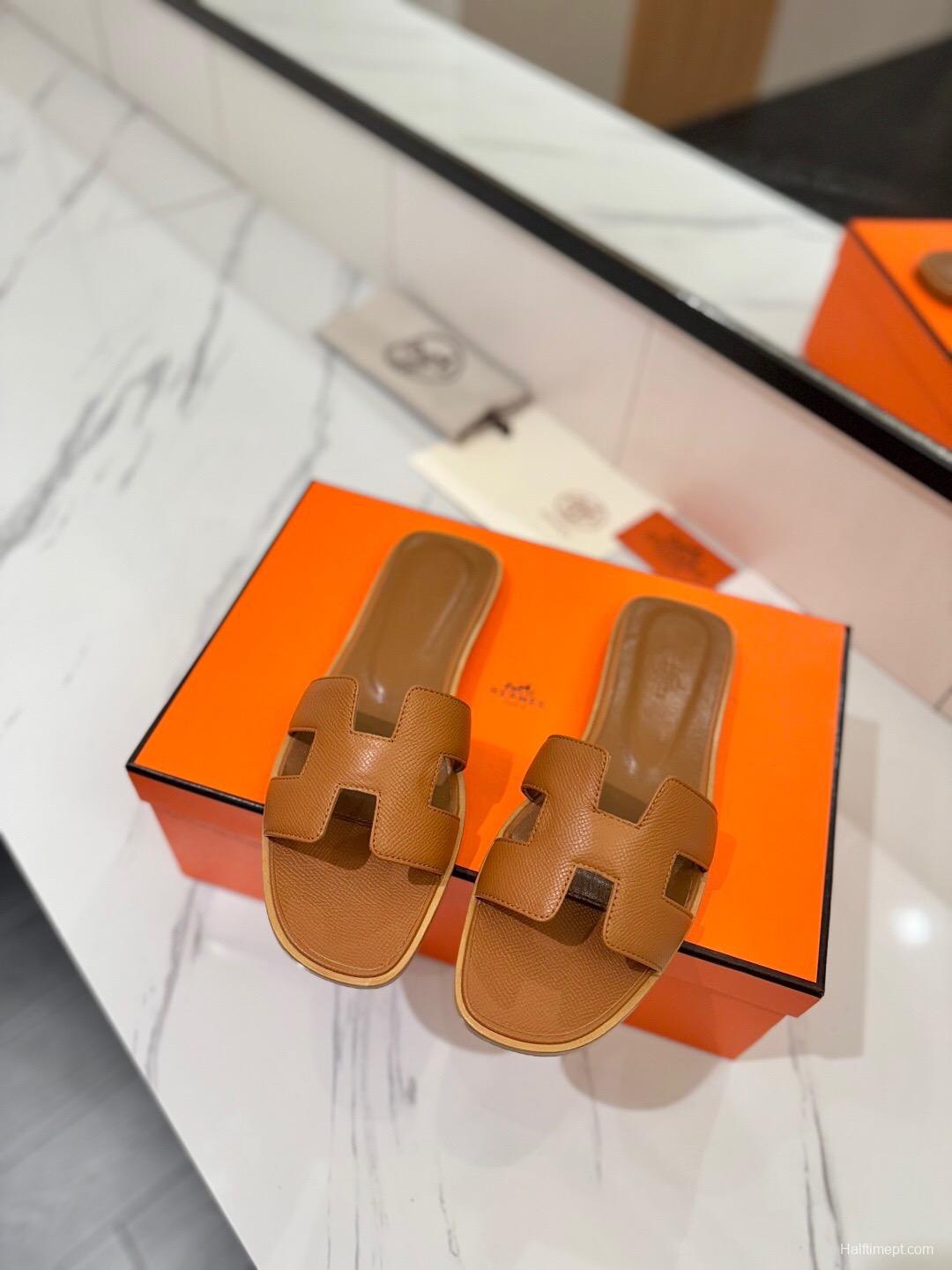 2025 Women Hermès Brown Leather Slippers