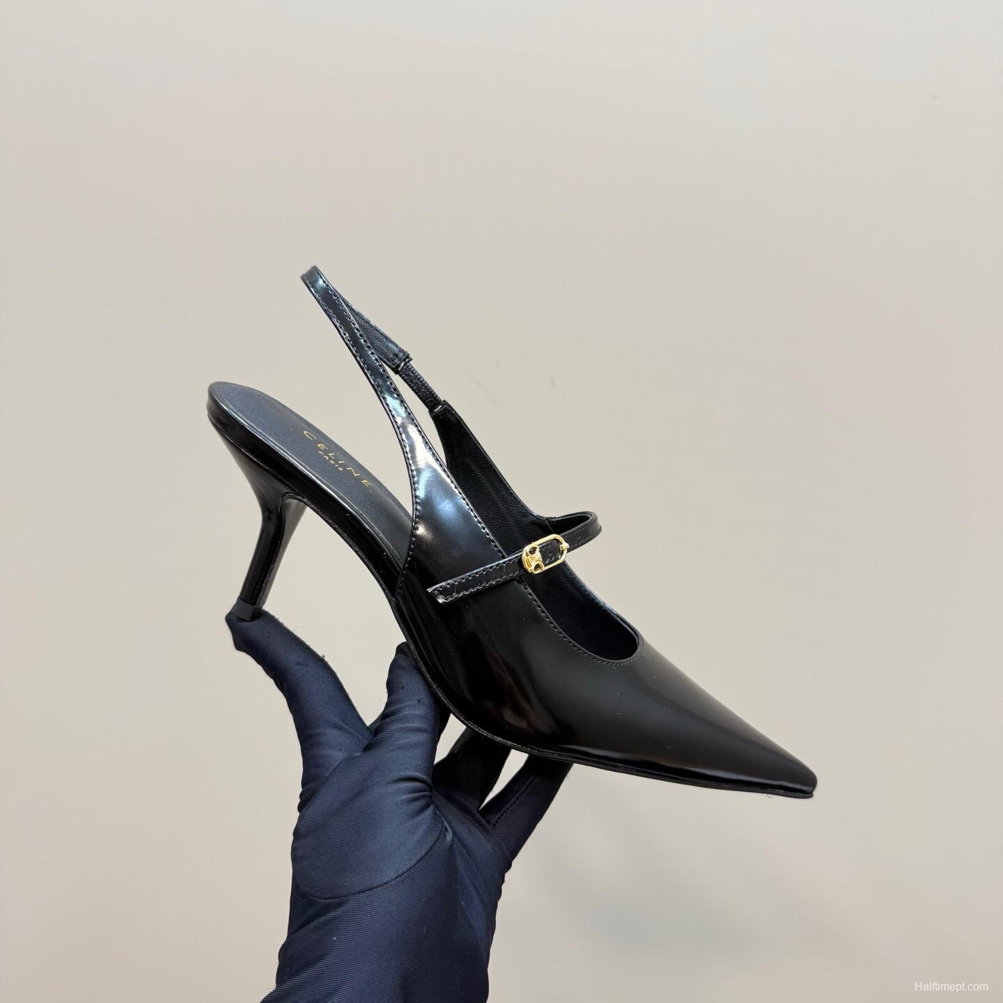 2025 Women Celine Black Patent Leather Slingback Pointed Toe Heels KFY00310