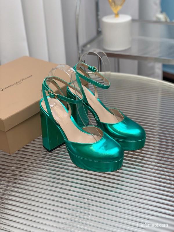 2025 Women Gianvito Rossi Metallic Green Leather Platform Sandals