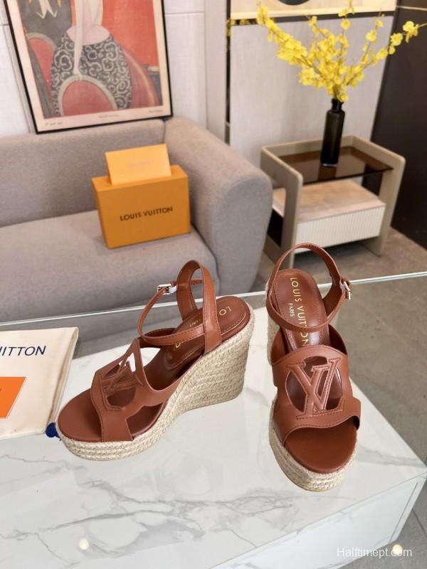 2025 Women Louis Vuitton Brown Leather Espadrilles Sandals MJ00280