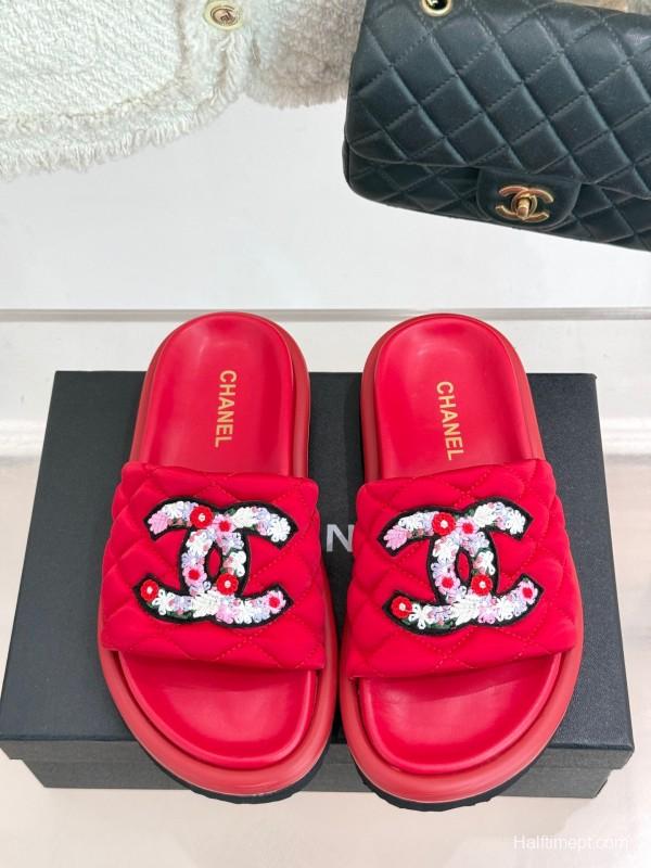 2025 Slippers Chanel Red Quilted Sequins Slide KFY00261