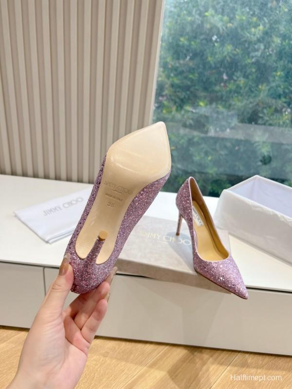 2025 Women Jimmy Choo Pink Glitter Leather Stiletto Pump