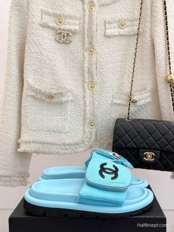 2025 Slippers Chanel Blue Fabric Slippers KFY00220