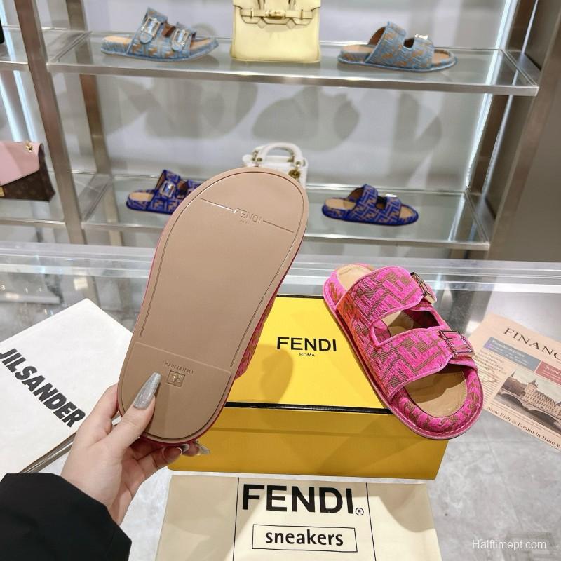 2025 Slippers Fendi Pink Jacquard Fabric Flat Buckle MJ00230