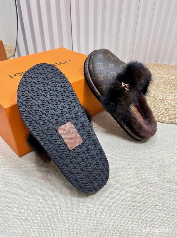 2024 Slippers Louis Vuitton Brown Leather Mink Fur Slippers MJ00340