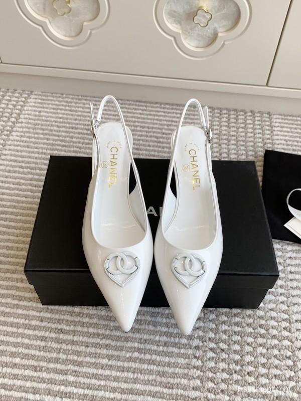 2025 Women Chanel White Patent Leather Slingback Heart CC KFY00300