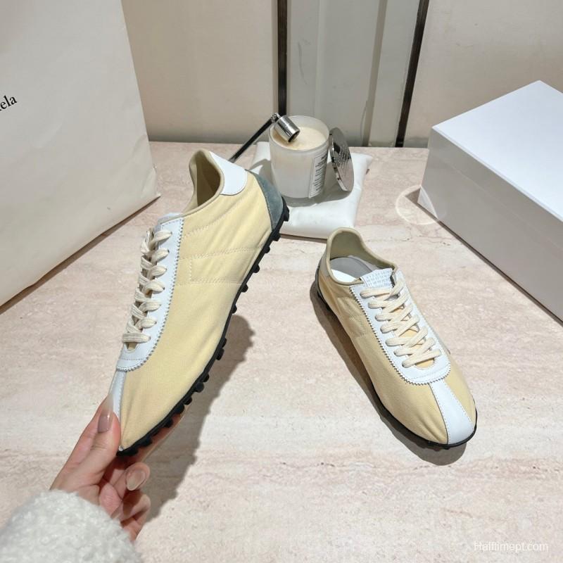2025 Unisex MM6 Maison Margiela Beige White Nylon Suede Sneakers Distressed KFY00290
