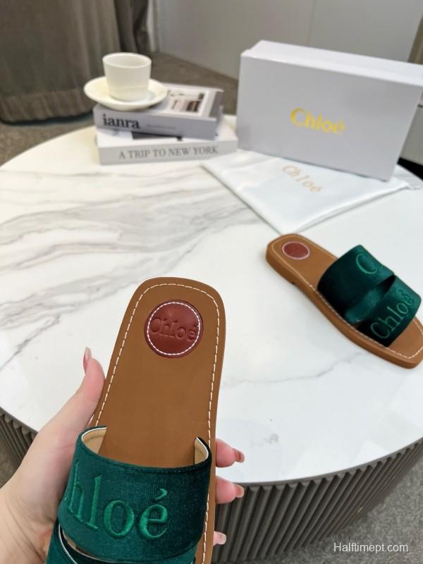 2025 Women Chloé Green Velvet Slippers