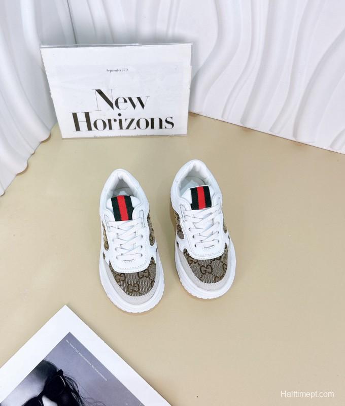 2024 Kids Gucci White Brown Cotton Leather Sneakers