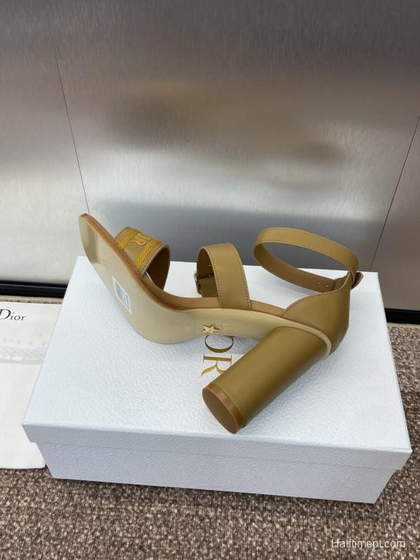 2025 Women Dior Yellow Leather Embroidered High Heel Sandals