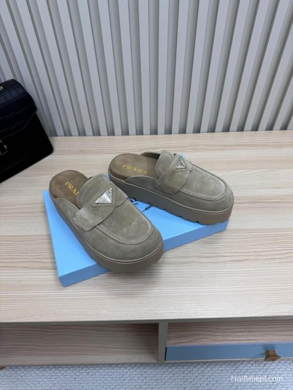 2025 Women Prada Khaki Suede Platform Loafers