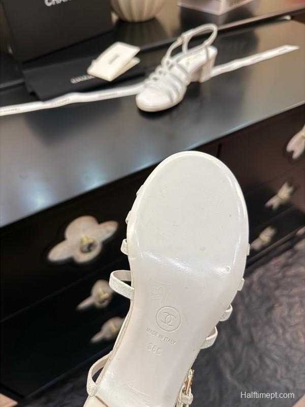 2025 Women Chanel White Leather Sandals