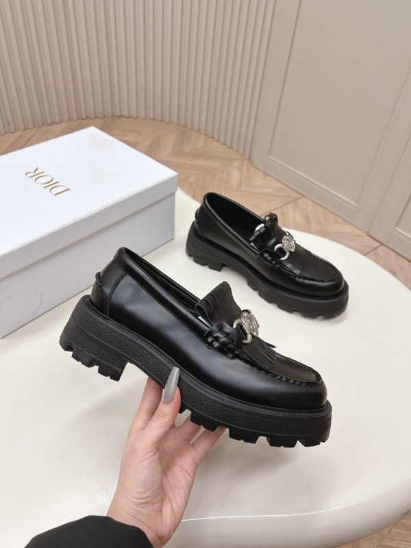 2025 Women Dior Black Leather Loafers KFY00350