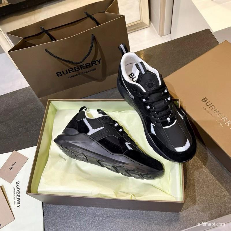 2025 Unisex Burberry Black White Leather Suede Sneakers MJ00380