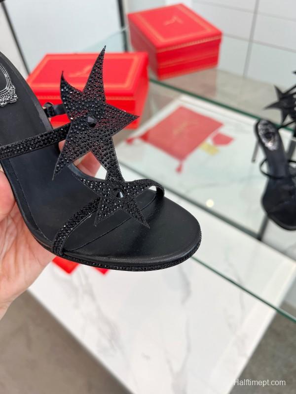 2025 Women RC Black Leather High Heel Sandal Star Detail LY00340