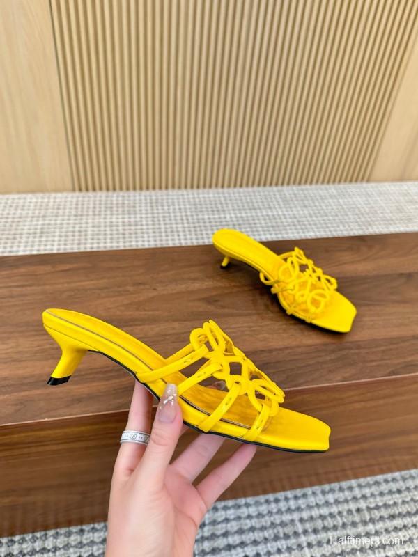 2025 Women Loewe Yellow Leather Heeled Mules LY00250