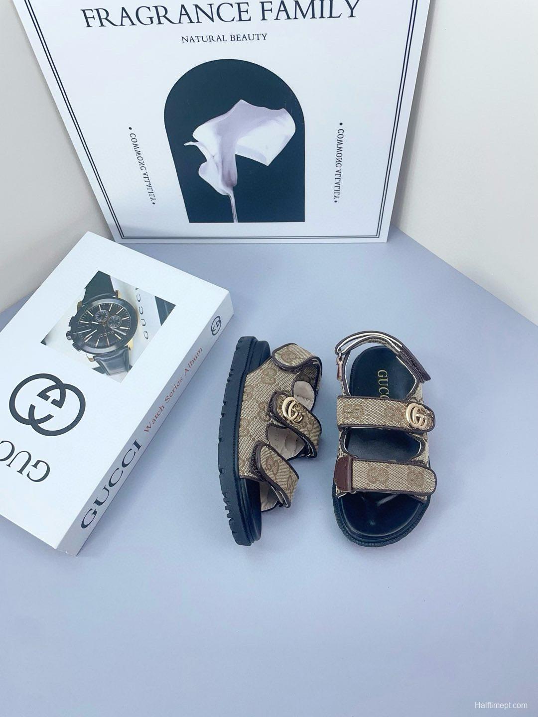 2025 Kids Gucci Black Brown Canvas Leather Sandals