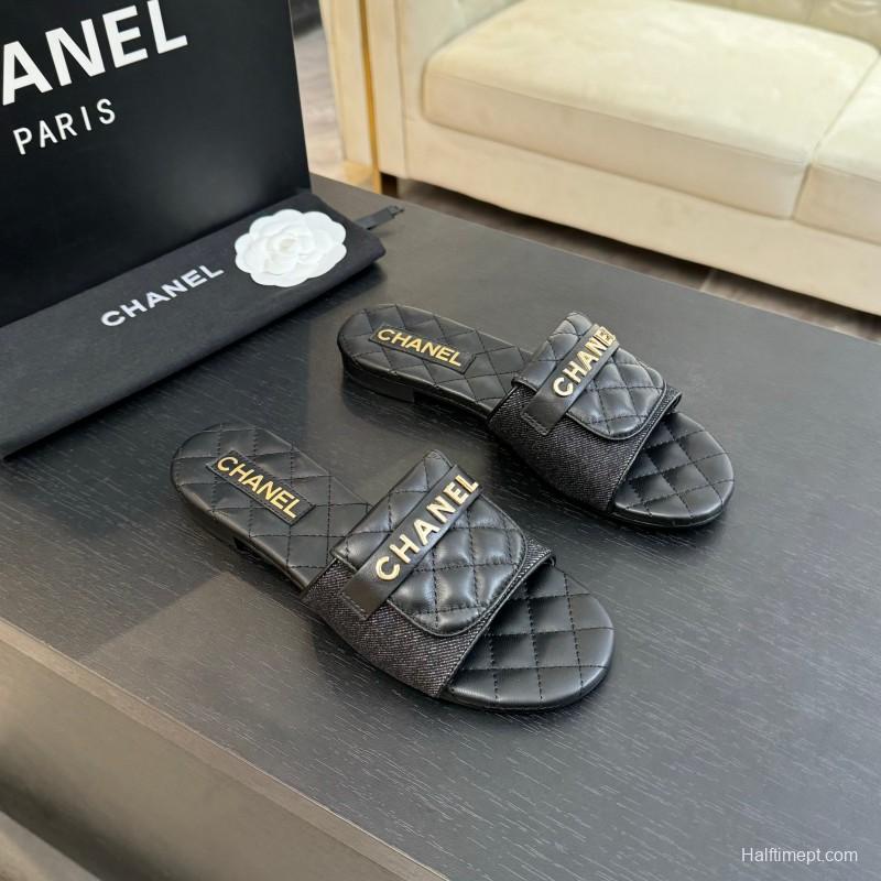 2025 Women Chanel Black Leather Slippers