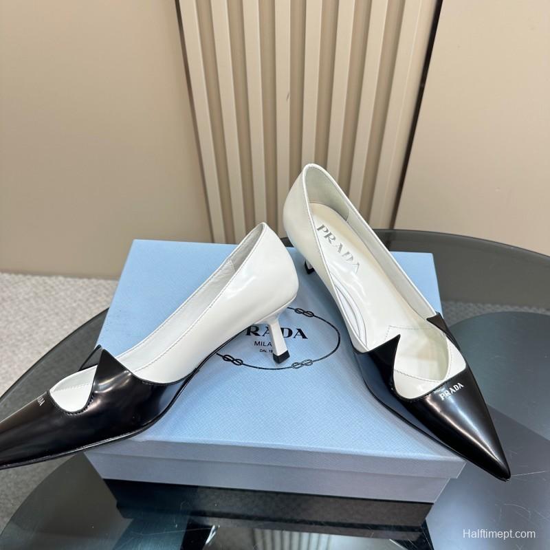 2025 Women Prada Black White Leather Heels KFY00310