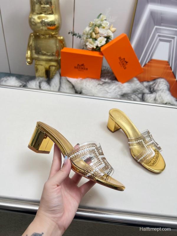 2025 Hermès Gold Leather Slippers MJ00180
