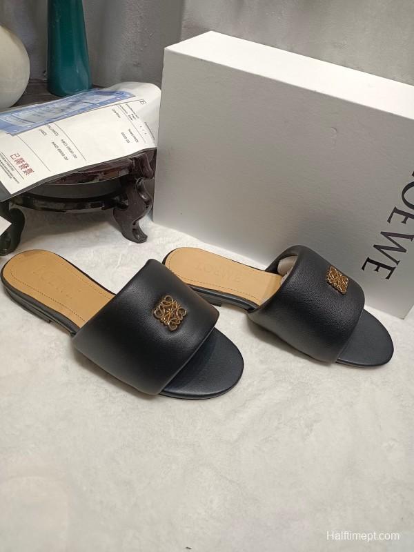 2025 Women Loewe Black Leather Slippers LY00000