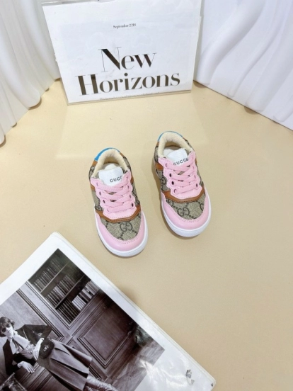 2024 Kids Gucci Pink Beige Canvas Leather Sneakers