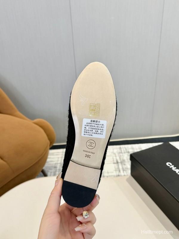 2025 Women Chanel Black Lambskin Tweed Ballet Flats LY00250