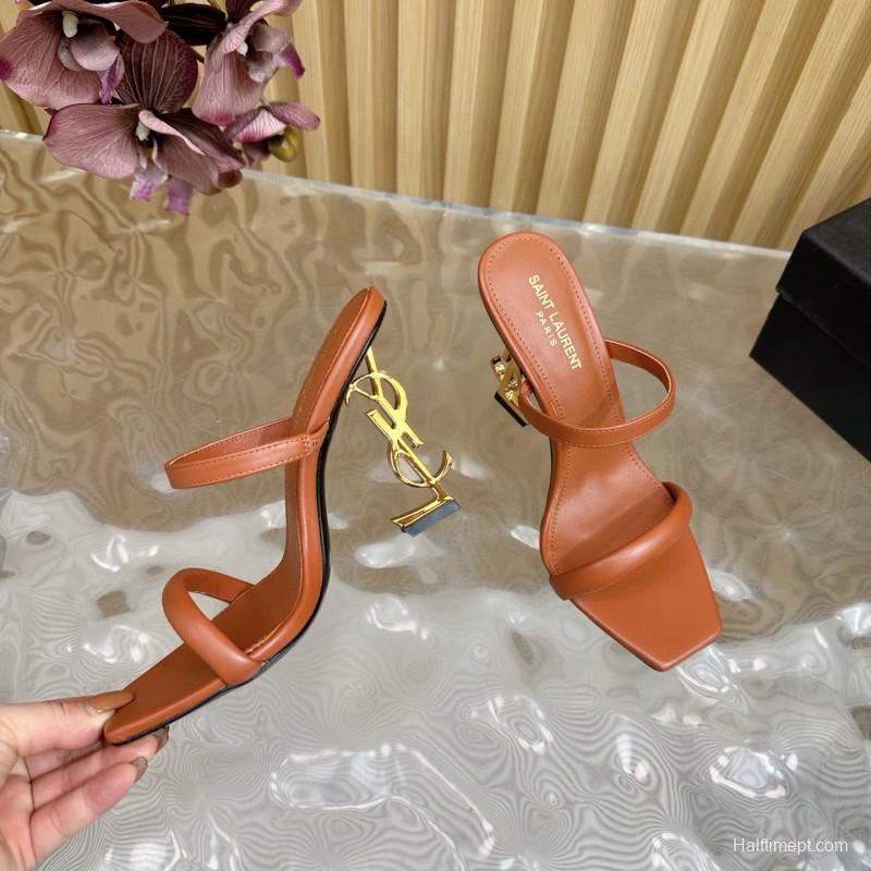 2025 Women Yves Saint Laurent Brown Leather High Heel Sandals Metal Logo MJ00310