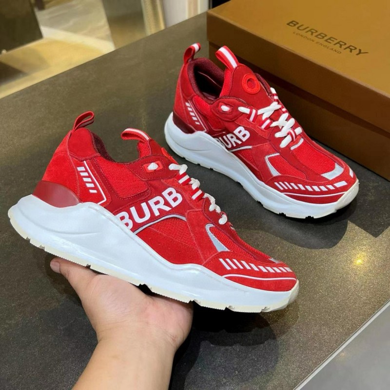 2025 Unisex Burberry Red Suede Leather Mesh Platform Sneakers MJ00380