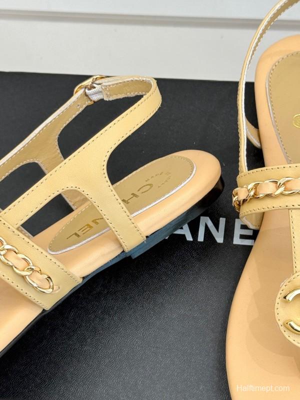 2025 Women Chanel Apricot Leather Sandals KFY00250