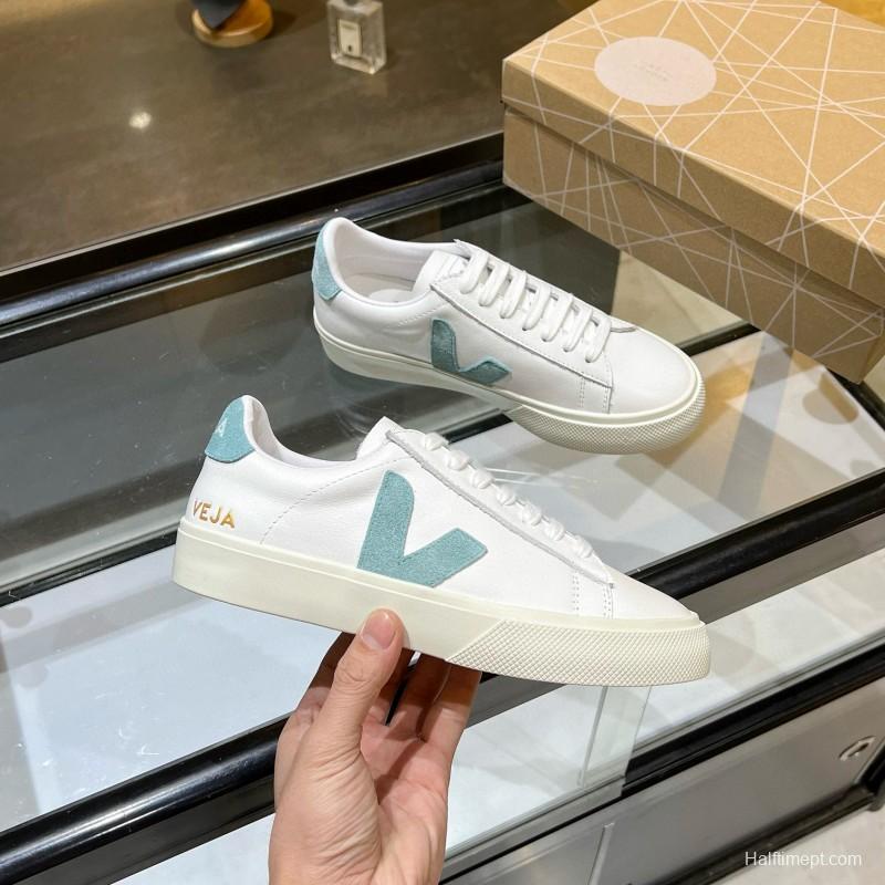 2025 Unisex VEJA White Blue Leather Canvas Sneakers Vulcanized MJ00240