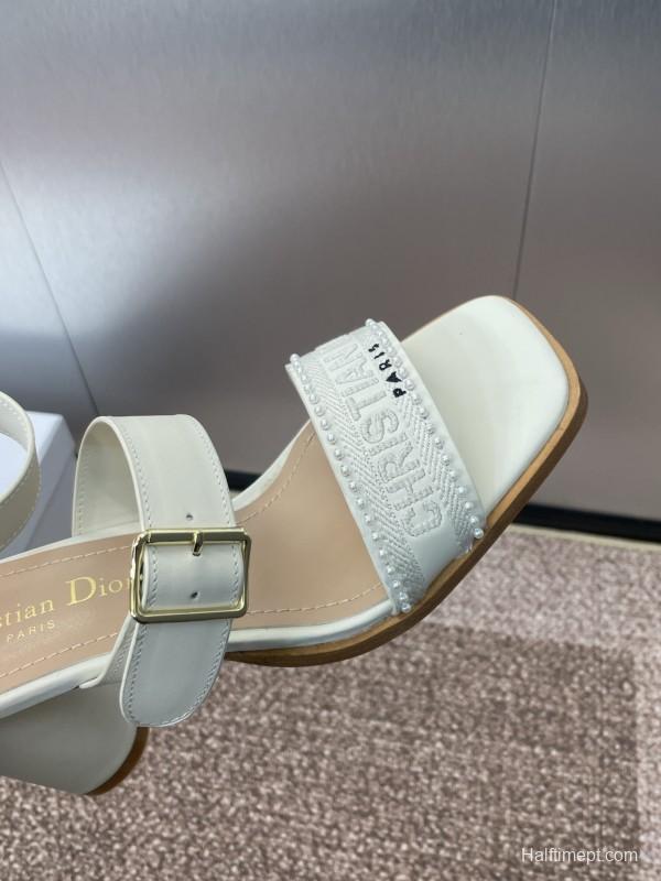 2025 Women Dior White Calfskin Silk Embroidery Sandals KFY00320