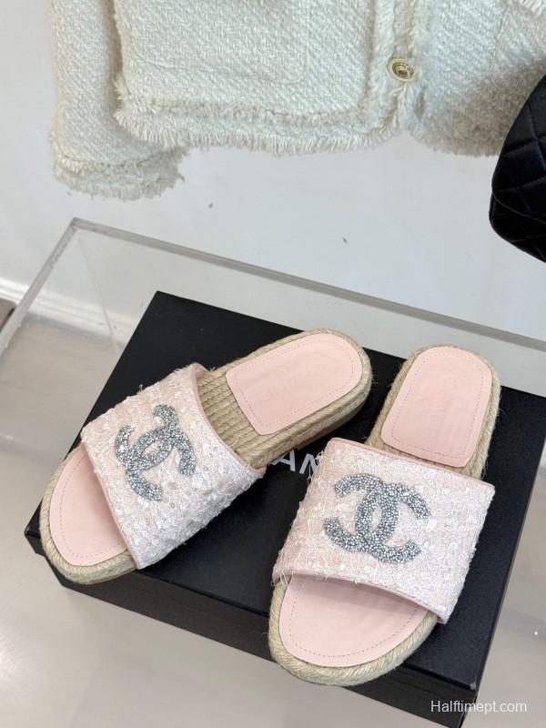 2025 Women Chanel Pink Tweed Espadrille Slide Sandals Handmade Craft KFY00240 (F)